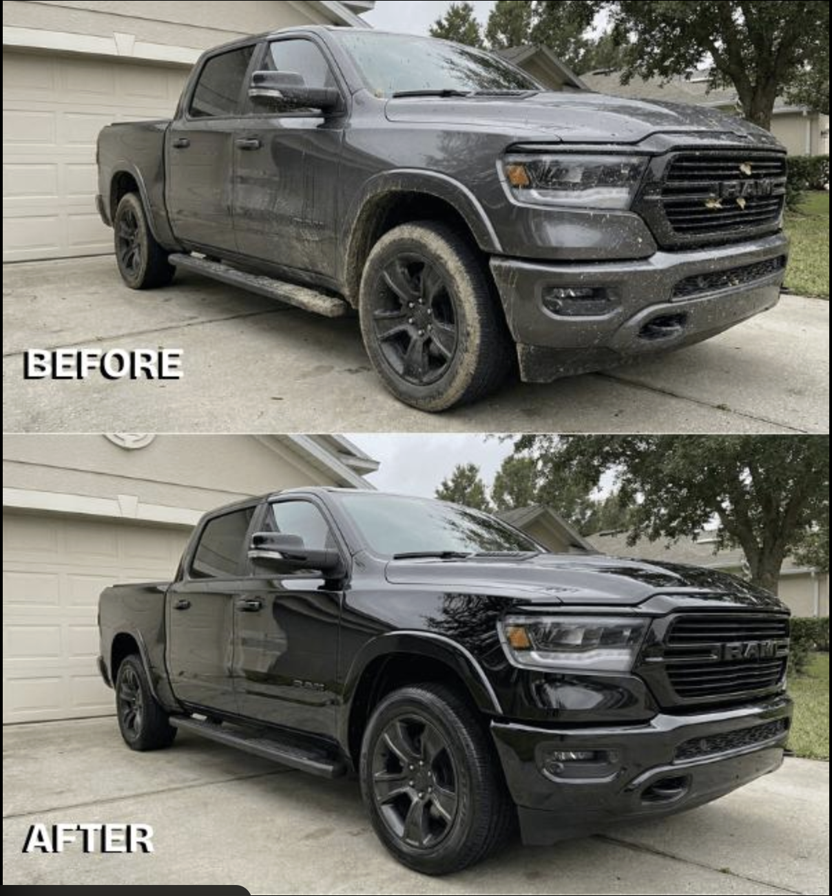 Before and after detailing of a black Ram truck by Devine Shine Auto Detailing