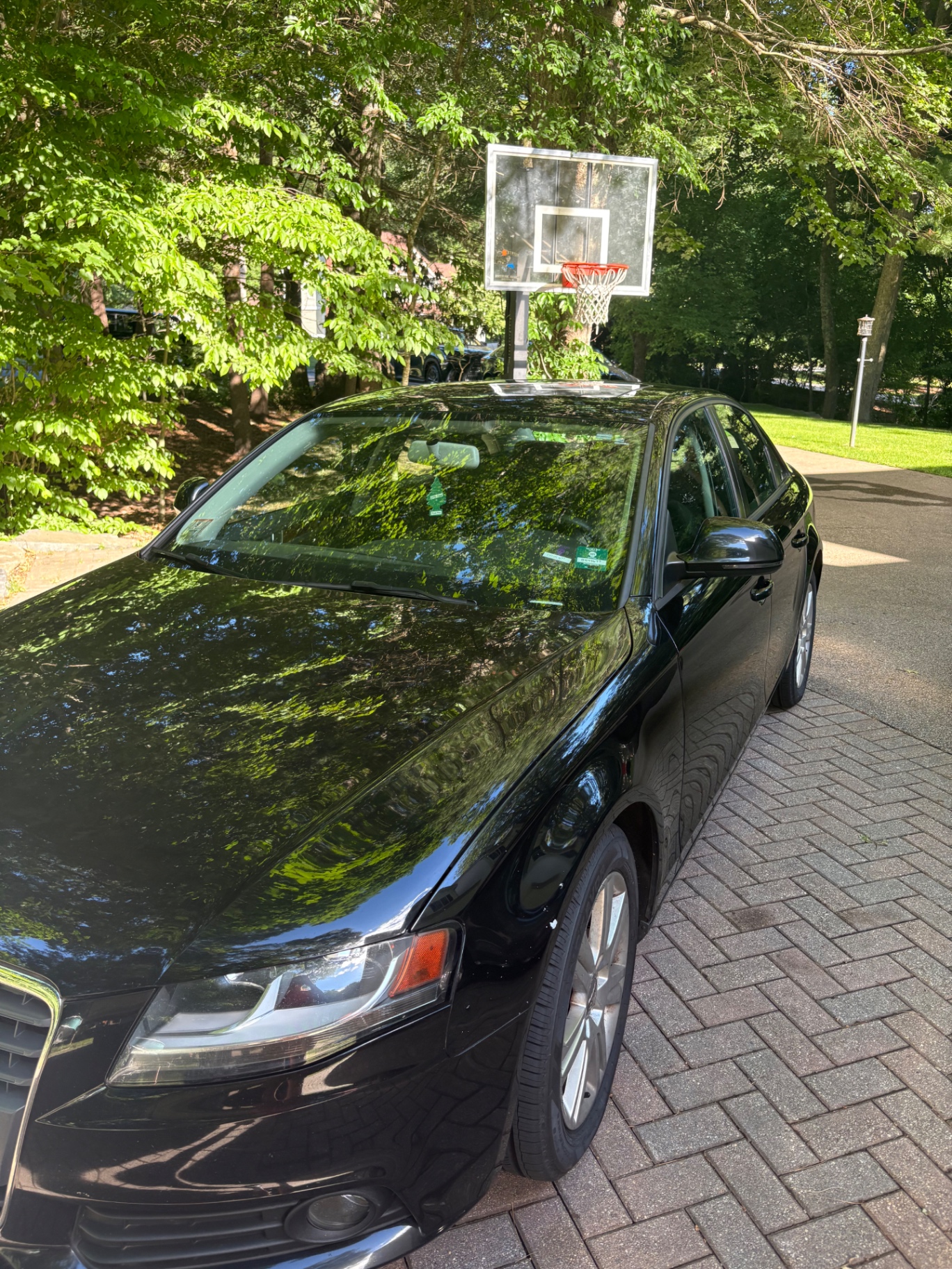 Black Audi sedan after detailing — deep glossy finish reflecting trees